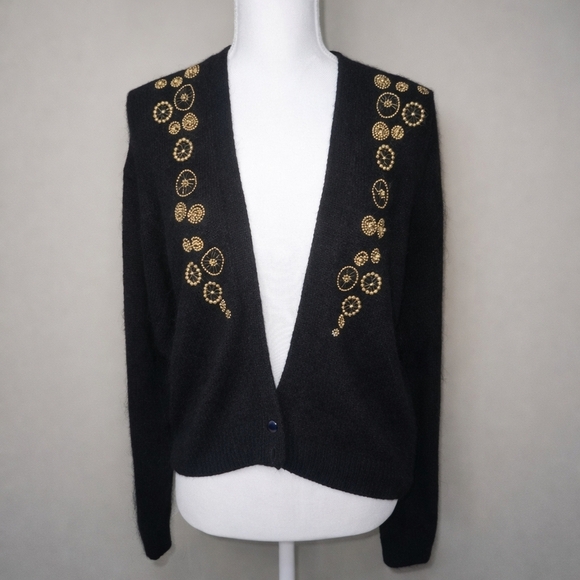 cezanne Sweaters - Vintage 1980s Cezanne Black Silk Angora Quiet Luxury Beaded Old Money Cardigan